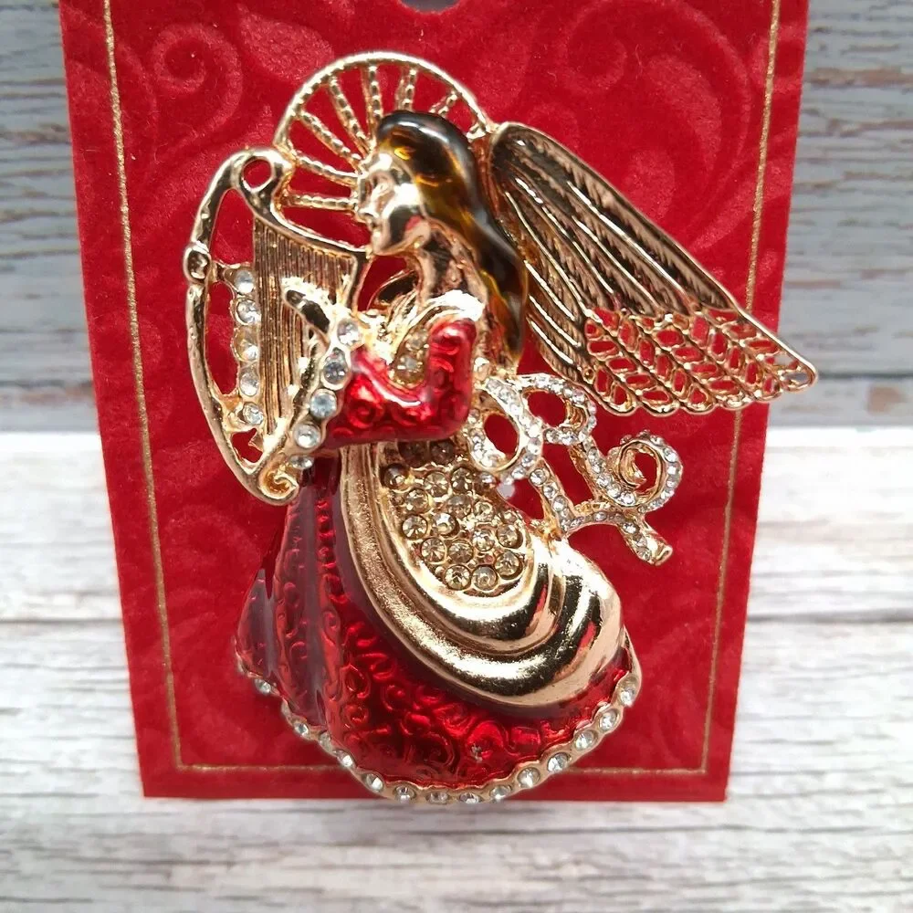 Holiday Lane Christmas Angel brooch Red Enamel Gold-Tone Lapel Pin